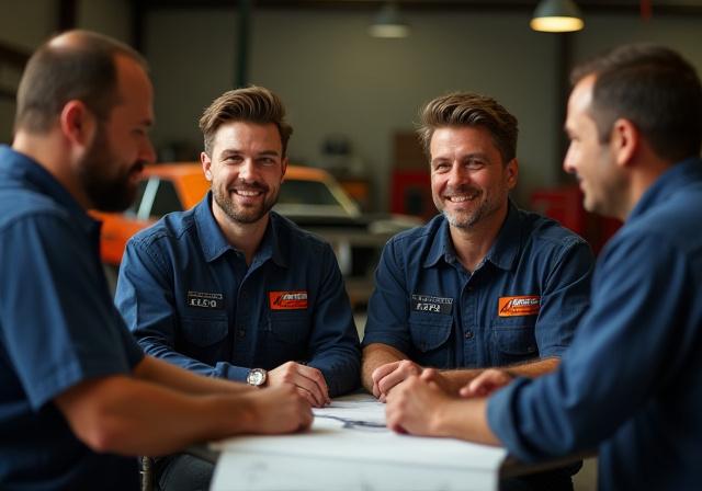 Alec's Collision & Custom team meeting in their workshop