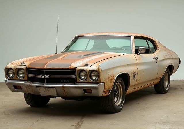 A classic muscle car with faded, old paint