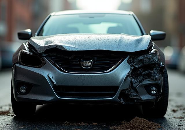The severely damaged front end of a sedan before repair