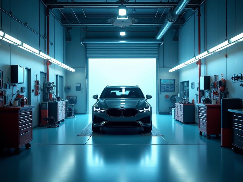 Interior of Alec's Collision & Custom workshop with a car being repaired