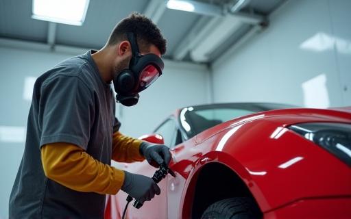 A technician painting a car panel in a spray booth