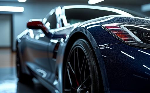 A freshly detailed car shimmering under bright lights